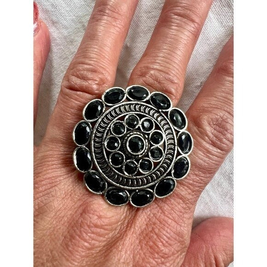925 Huge! Ornamental Black Spinel Mandala Ring 7.5, 8.5