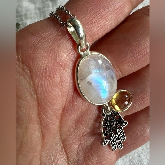 925 Hamsa Rainbow Flash Moonstone + Citrine Pendant Necklace