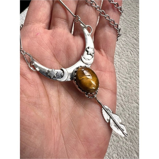 925 Tigers Eye Boho Feather Talisman Necklace