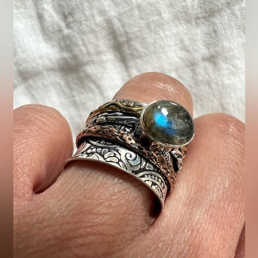 925 Blue Flash Labradorite SPINNER Tri Color Ring 6.75 Gold Copper Silver