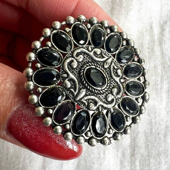 925 Black Spinel Mandala Negativity Shield Ring 6.75