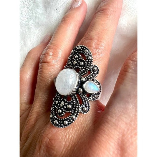 925 STUNNING! 3 Stone Rainbow FLASH Moonstone Ring 9 1/4