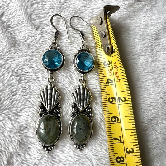 925 Long Flash Labradorite + Swiss Blue Topaz Earrings