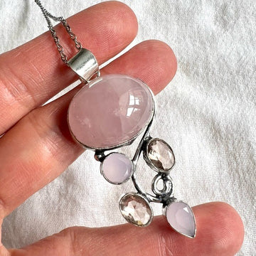 925 Love Bomb Rose Quartz + Chalcedony Necklace Pendant