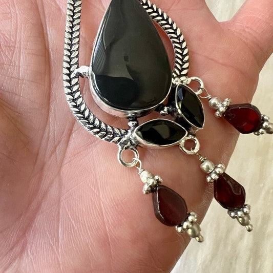 925 Obsidian + Garnet Chandelier Pendant Necklace