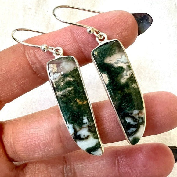 925 Earth Stone MOSS AGATE Dagger Earrings