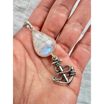 925 Anchor Rainbow Flash Moonstone Pendant Necklace