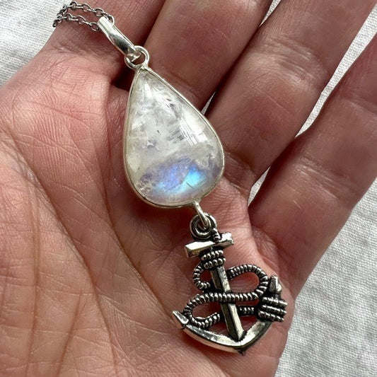 925 Anchor Rainbow Flash Moonstone Pendant Necklace