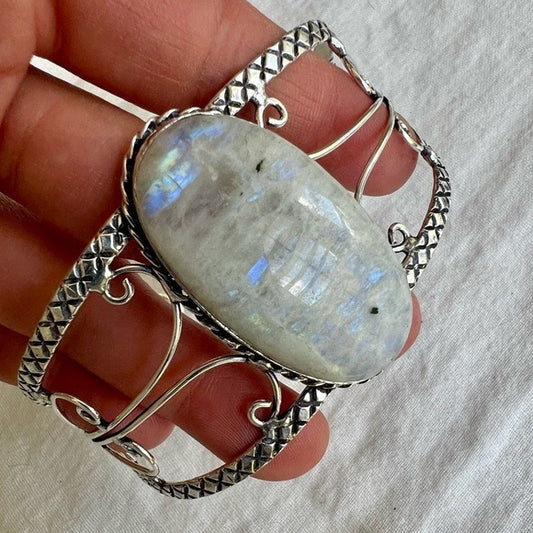 925 Gorgeous Rainbow Flash Moonstone Cuff Bracelet w/ Tourmaline