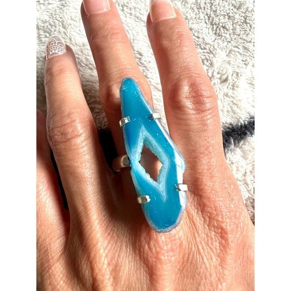 COPY - 925 Blue Window Agate Geode Ring 8 3/4