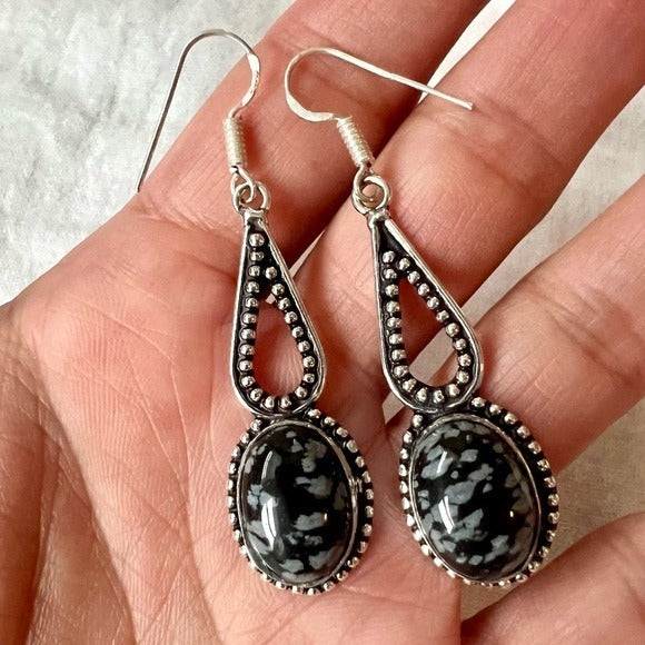925 Third Eye Awakening Snowflake Obsidian Earrings