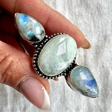 925 STUNNING! HUGE! Rainbow Flash Moonstone + Blk Tourmaline Ring 9.75