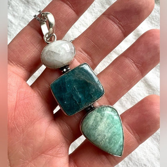 925 Triple Boost! Moonstone + Apatite + AMAZONITE! Necklace Pendant