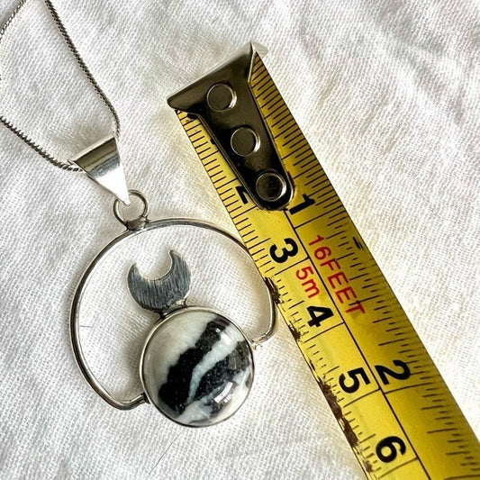 925 White Buffalo Jasper Circular MOON Necklace Pendant