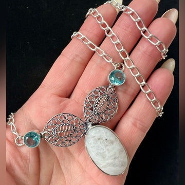 925 Rainbow Moonstone + Blue Topaz Feminine Necklace