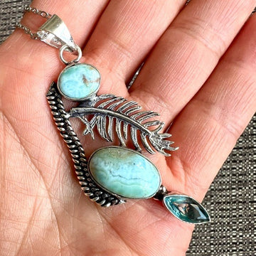 925 Caribbean Larimar + Feather Blue Topaz Necklace Pendant