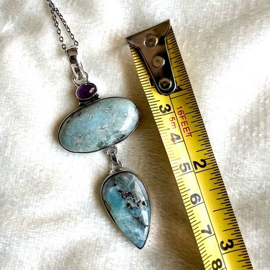 925 Dpuble Caribbean Larimar + Amethyst Necklace Pendant