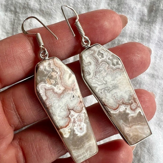925 STUNNING Coffin Crazy Lace Agate Earrings