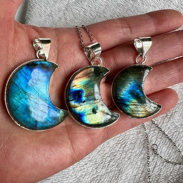 925 You Choose! Flash Labradorite LUNA Moon Necklace Pendant