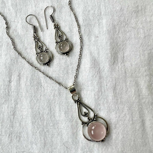 925 Stunning Elegant Rose Quartz Necklace + Earrings SET