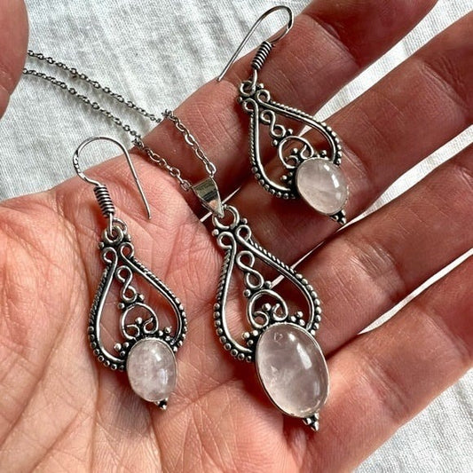 925 Ornamental Rose Quartz Necklace + Earrings Set