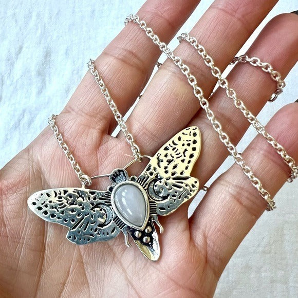 925 Luna MOON Moth Rose Quartz Pendant Necklace