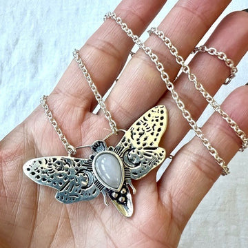 925 Luna MOON Moth Rose Quartz Pendant Necklace
