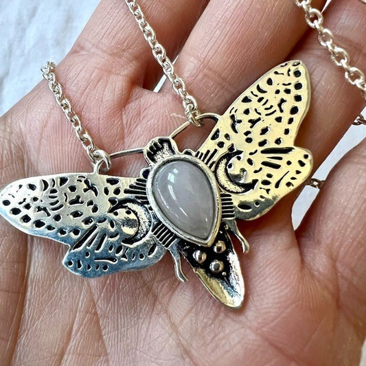 925 Luna MOON Moth Rose Quartz Pendant Necklace