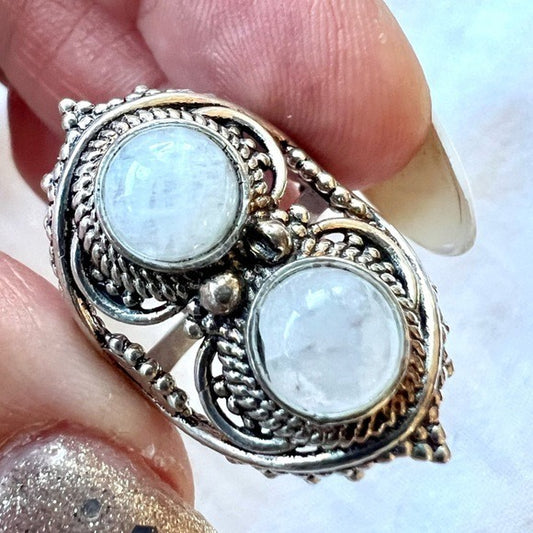 925 Ornamental Double Moonstone Indian Design Ring 4.75