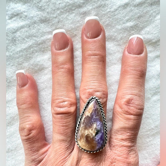 925 Yin Yang Orange & Purple Charoite Ring 7.25