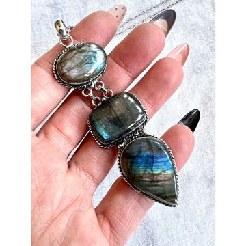 925 Rainbow Flash LABRADORITE Triple Stone Pendant Necklace