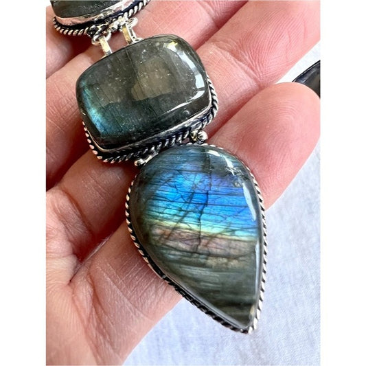 925 Rainbow Flash LABRADORITE Triple Stone Pendant Necklace
