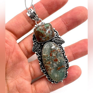 925 Double Boulder Chrysoprase Ornate Necklace Pendant