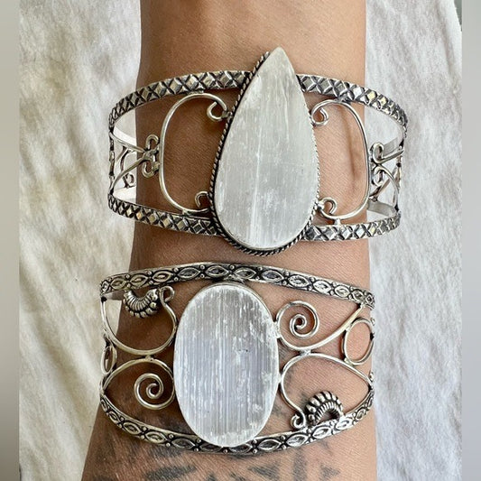 925 Crystal Charger Raw Selenite Cuff Bracelet