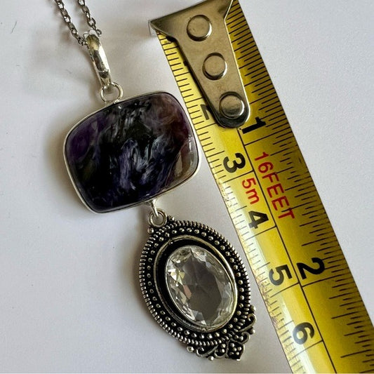 925 Positively Fabulous! Charoite + Tooaz Dangle Pendant Necklace