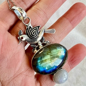 925 Peace Dove Bird Nature FLASH Labradorite + Moonstone Necklace Pendant