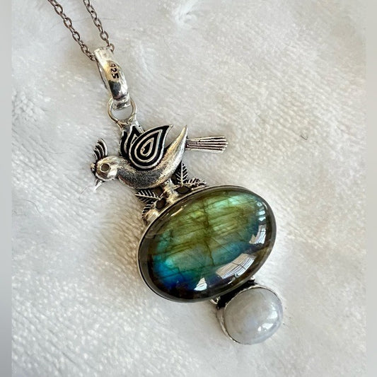 925 Peace Dove Bird Nature FLASH Labradorite + Moonstone Necklace Pendant