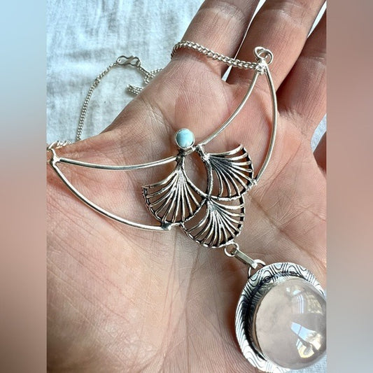 925 ORNATE Rose Quartz + Larimar Necklace Pendant
