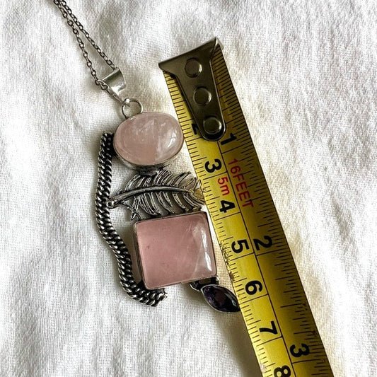 925 Double Rose Quartz Feather Necklace Pendant