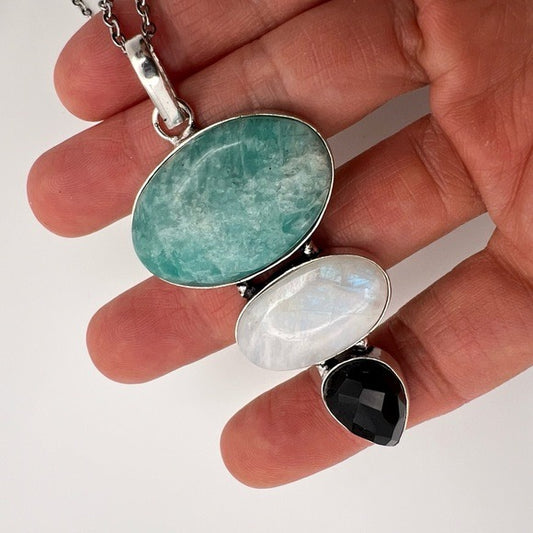 925 Peacemaker Amazonite + Rainbow Flash Moonstone Pendant Necklace