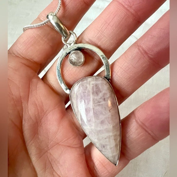 925 GORGEOUS Pale Lepidolite + Rose Quartz Pendant Necklace