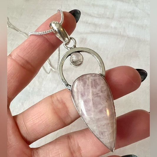 925 GORGEOUS Pale Lepidolite + Rose Quartz Pendant Necklace