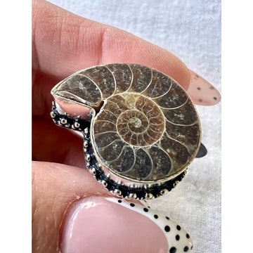 925 AMMONITE Fossil Past Lives Ring 9.5