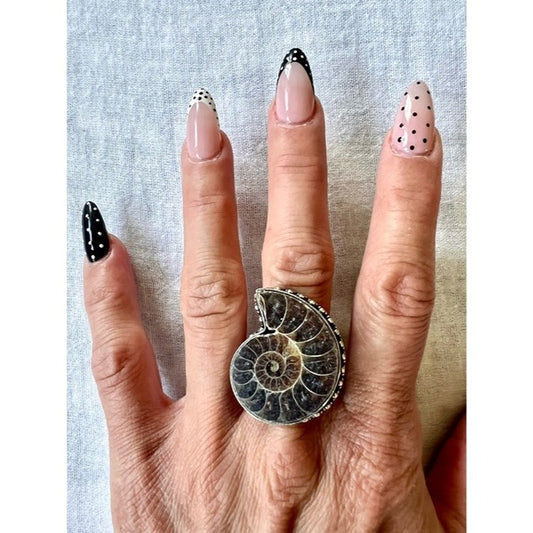 925 AMMONITE Fossil Past Lives Ring 9.5