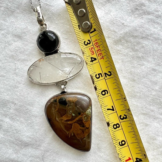 925 HUGE Onyx + Tourmalated Quartz + Brecciated Jasper Pendant Necklace