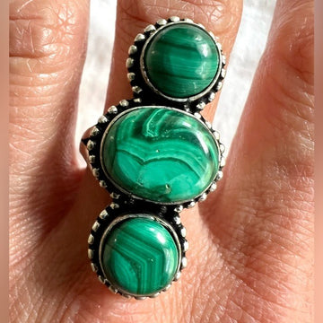 925 Triple Stone Malachite Ring 8.25