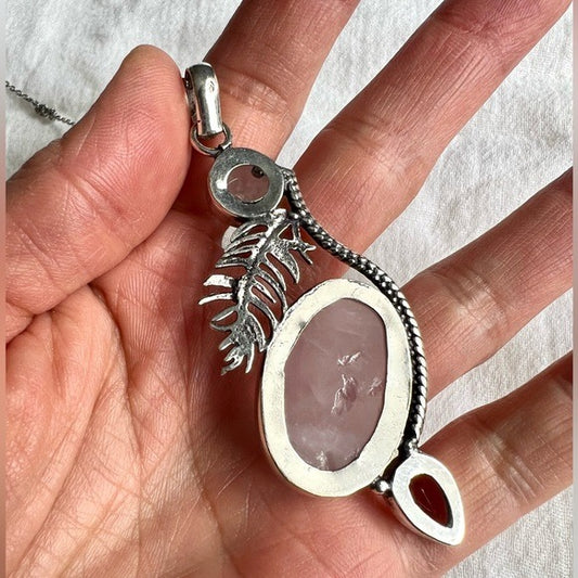 925 Double Rose Quartz Feather Necklace Pendant