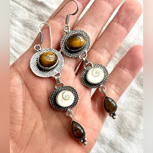 925 Will Power Tigers Eye + Shivas Eye Shell Earrings