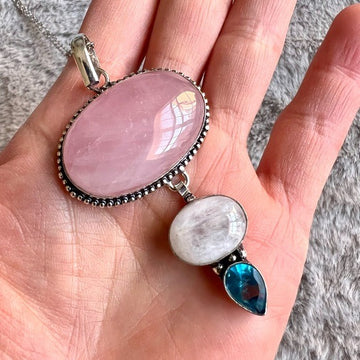 925 Stunning! ROSE QUARTZ + Moonstone + London Topaz Necklace Pendant