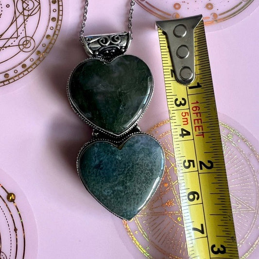 925 DOUBLE HEART ❤️ Moss Agate Necklace Pendant